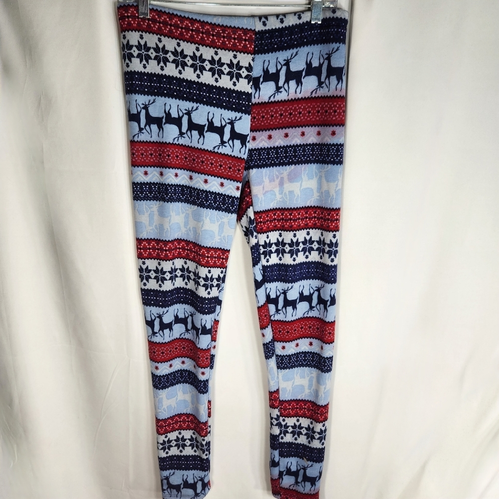 Poof! Holiday Christmas Fleece Lined Leggings Reindeer & Snowflakes Size M/L